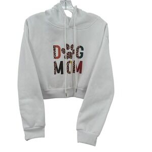 SHEIN White Dog Mom Hoodie Leopard Paw Print Casual Pullover - L Cozy Cropped